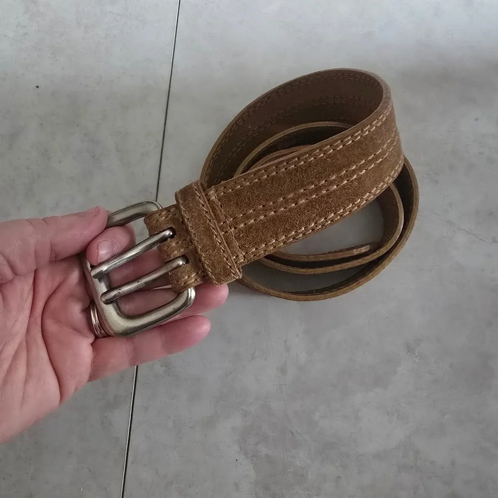 Vtg Y2K Tan Suede Genuine Leather Double Prong Belt Solid Brass Buckle XL 38in
